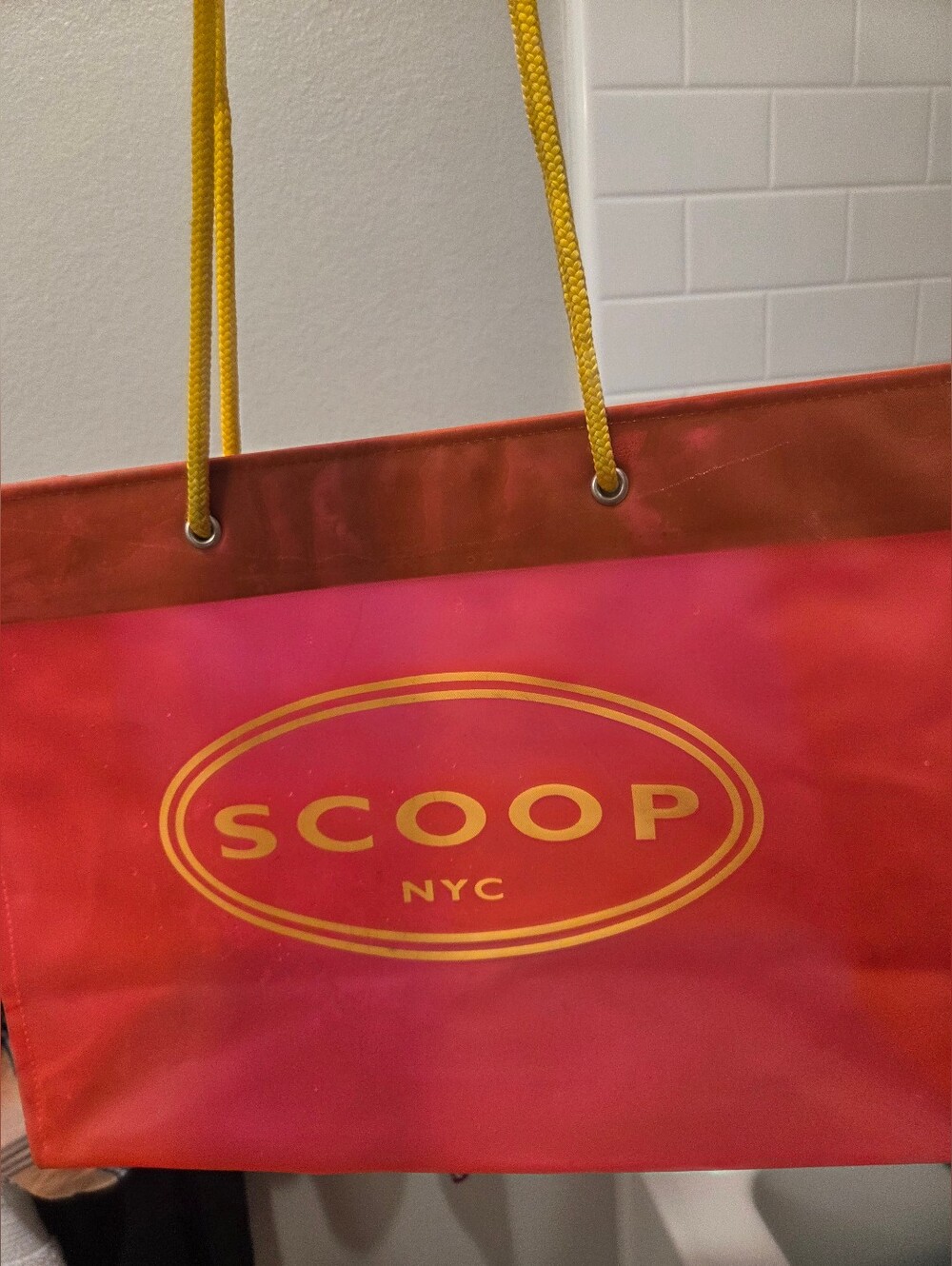 Scoop NYC Red Pink Coral Neon Tote with Gold Logo and Yellow Rope Straps